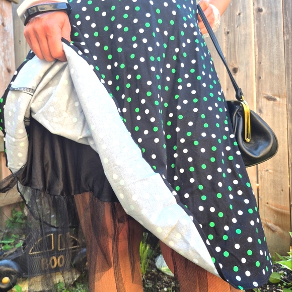 Vintage Strapless polka dot dress with crinoline black white green - Picture 4 of 13